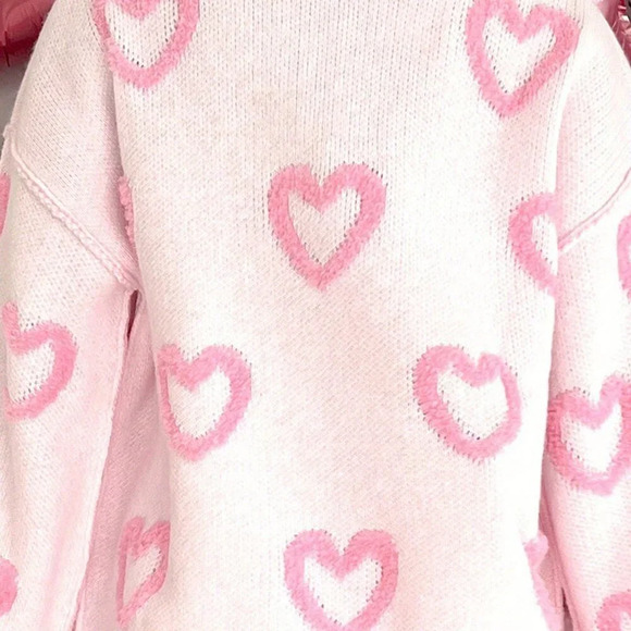 Pink Casual Women's Valentine's Day Heart Pattern Fuzzy Long Sleeve Sweater - Picture 6 of 6